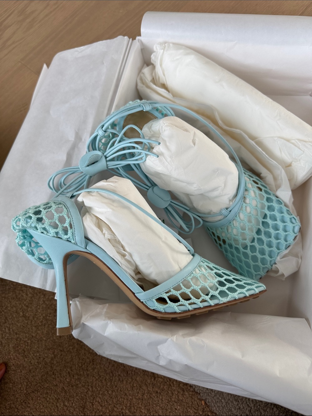 New Bottega Veneta Light Blue Lace-Up Heeled Sandals - Picture 6 of 6